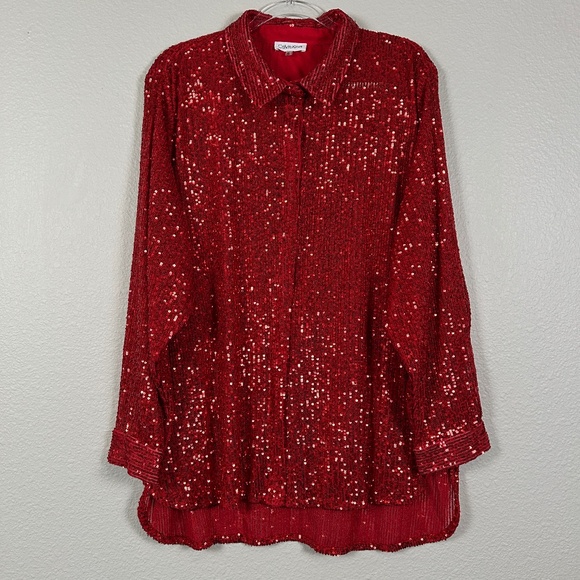 Calvin Klein women plus size 2X fully sequin top red long sleeve snap closure - Picture 1 of 14